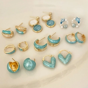 Boucles D'oreilles En Cuivre Émaillé Bleu Pour Femmes Avec Étoile De Mer Forme De Coeur Künstliche Perle Artificielle Et Tige En Argent 925
