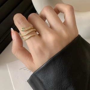 Snake Wrap Open Ring Copper Cubic Zirconia Green Eye Vintage Personalized Fashion Jewelry For Women