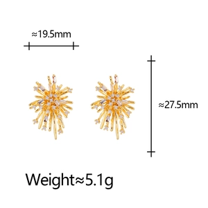 Elegant gold fireworks stud earrings with clear zircon stones and precise dimensions