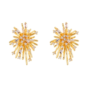 Elegant gold fireworks stud earrings with sparkling cubic zirconia on white background
