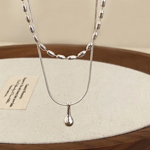 Double Layer Water Drop Pendant Necklace Silver Plated Copper Snake Bone And Bead Chain Minimalist Jewelry For Women