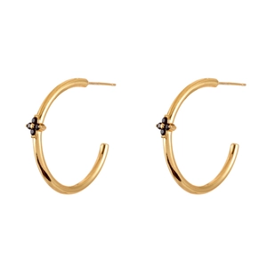 Elegant C-shaped gold-plated hoop earrings featuring black clover zircon flower charms