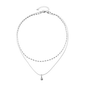 Minimalist silver double-layered necklace featuring bead chain and teardrop pendant