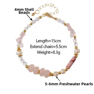 Detail of freshwater pearl and pink crystal beaded necklace with golden lobster clasp