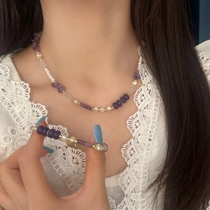 Chic freshwater pearl and purple amethyst necklace and bracelet set for women
