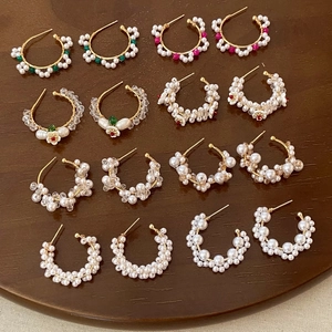 Elegant C Shaped Artificial Pearl Earrings With 925 Sterling Silver Earring Post Gold Plated Copper Handmade Floral Vintage Jewelry For Women