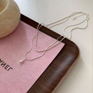 Minimalist S925 silver double layer necklace with water drop pendant and snake chain
