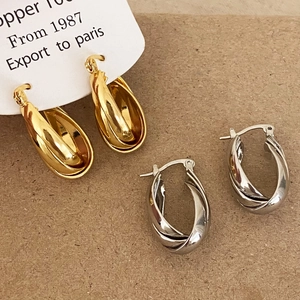 French Style Twisted Hoop Earrings Copper 18K Gold Plated Polished Woven Geometric Chunky Ear Jewelry For Women