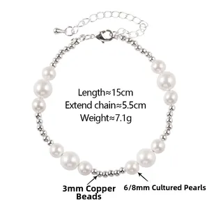 Detailed shot of pearl bracelet with silver beads showing 6mm and 8mm pearl sizes