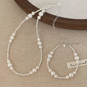 French Elegant Beaded White Imitation Artificial Pearl And Silver Plated Copper Beads Necklace And Bracelet For Women Adjustable