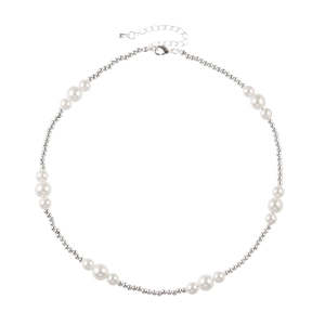 Elegant pearl and silver bead necklace with adjustable lobster clasp on white background