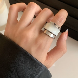 French retro double-layer wide ring with white enamel inlay and silver polished finish