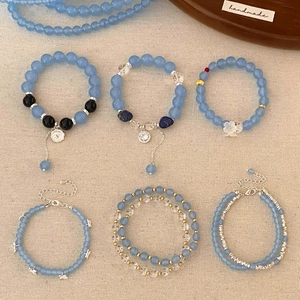 Blue Natural Stone Beaded Bracelet With Crystal Imitation Artificial Pearl And Alloy Butterfly Heart Charms Jewelry For Women