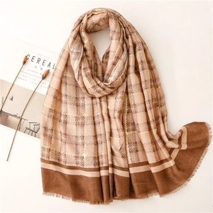Elegant beige and brown plaid cotton linen scarf with gold foil details and fringe