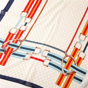 Detail shot of cotton linen scarf with equestrian print and classic vintage patterns