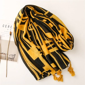 Black and yellow geometric cotton linen scarf with tassels and fringe details