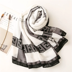 Modern cotton linen scarf with geometric letter print and belt border pattern