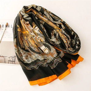 Elegant cotton linen scarf with orange and black architecture pattern shawl