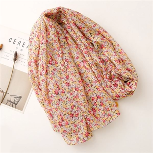 Lightweight yellow floral scarf with tassels, soft cotton feel autumn winter shawl