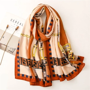 Fashionable cotton linen scarf with belt chain patterns and letter borders in orange and blue