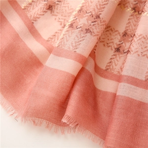 Detail of pink herringbone scarf showing gold foil accents and soft fringe texture