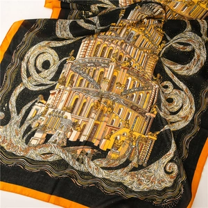 Artistic long scarf with Babel tower design and orange borders on white background