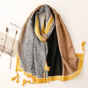Long cotton linen scarf for women with color block geometric floral patterns and tassels