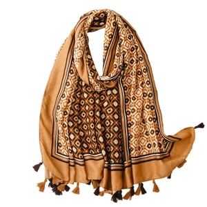 Linen feel scarf with geometric diamond print and tassel trim for sun protection