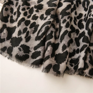 Close-up of leopard print scarf with woven texture and delicate fringe details