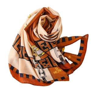 Elegant cotton linen scarf with horse bridle print and belt border in orange and navy