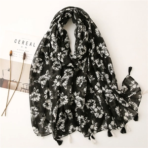 Women Floral Print Scarf Lightweight Black White Voile Shawl With Tassels Soft Cotton Linen Feel Fashion