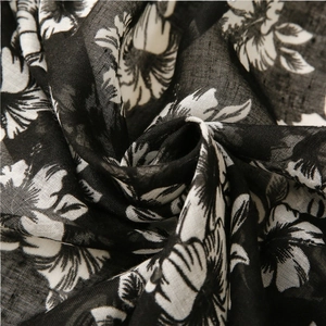 Women's black floral soft scarf with tassels and breathable lightweight texture