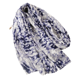 Soft blue and white tie-dye cotton linen scarf with elegant long fringe tassels