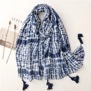 Polyester Scarf Tie Dye Blue And White Porcelain Style Long Shawl With Tassels Retro Ethnic Style For Women