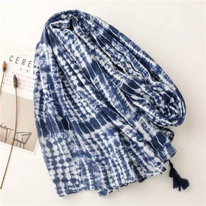 Blue and white tie-dye cotton scarf with fringe tassels and ethnic porcelain pattern