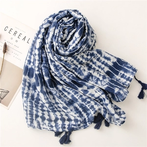 Retro blue and white tie-dye cotton scarf with fringe details and ethnic patterns