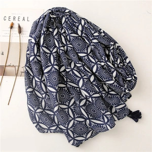 Exotic retro kaleidoscope cotton linen scarf with navy blue geometric patterns and tassels