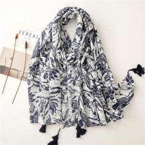 Retro Ethnic Blue And White Porcelain Print Scarf Shawl Polyester With Tassel Fringe Women Travel Beach Sun Protection