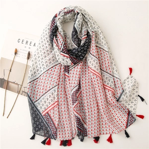 Nautical Style Voile Scarf Shawl With Anchor Print And Tassel Trim Vintage Marine Style Large Wrap For Women