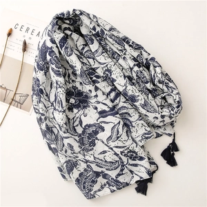 Long vintage white and navy blue floral scarf with tassels and light cotton-linen texture