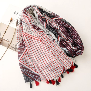 Vintage nautical cotton linen scarf with anchor patterns and tassels on white background