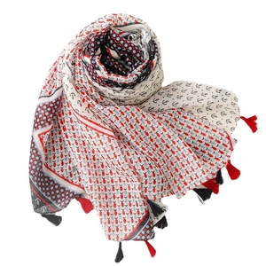 Vintage nautical scarf with anchor prints, navy polka dots and red tassels on white background