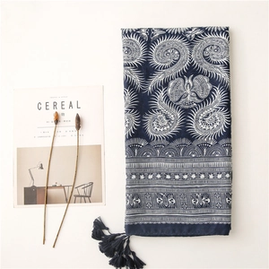 Ethnic retro navy blue porcelain style linen scarf with white paisley and fringe
