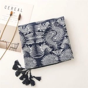 Detail of exotic retro blue porcelain pattern scarf with navy tassels and floral print