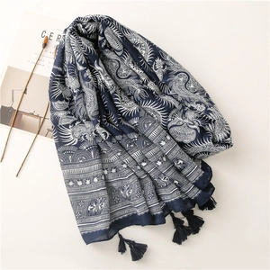Ethnic retro blue porcelain pattern square scarf with tassels and fringe details