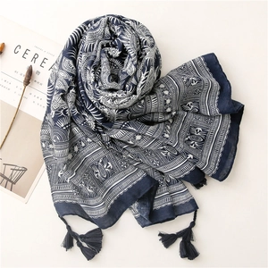 Blue and white bohemian geometric pattern scarf with fringe, cotton linen feel