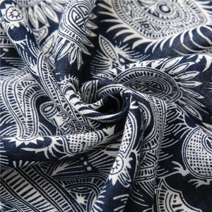 Detailed macro view of retro blue and white porcelain pattern on cotton linen scarf