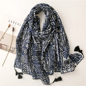 Écharpe Imprimé Tribal Style Ethnique Long Châle Avec Glands Sensation Coton Lin Polyester Bleu Marine Blanc Décoratif