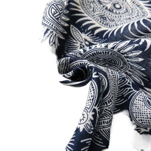 Ethnic vintage blue and white mandala print scarf made of cotton and linen blend fabric