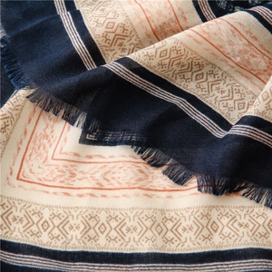 Close-up of geometric ethnic scarf showing soft cotton-linen texture and delicate fringe